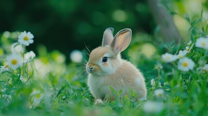 Obraz premium A fluffy baby rabbit sitting in a field of green grass and flowers
