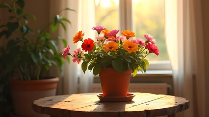 Cheerful Potted Gerbera Daisies in Warm Sunlight on Wooden Tabletop with colorful, vibrant blooms