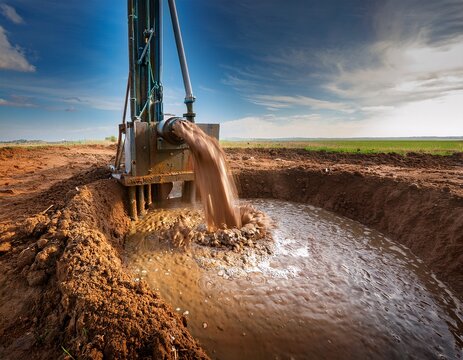 drilling an artesian well in the ground for groundwater extraction with mud spouting from the tube ensures a clean water supply through effective drilling techniques and processes