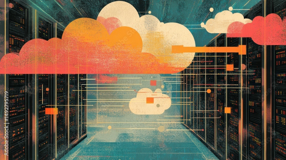Aufkleber Abstract illustration of cloud computing, data storage, and server room.