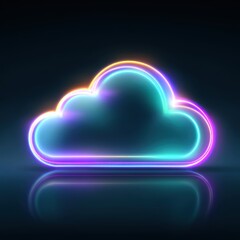 Neon cloud computing icon glowing on dark reflective surface studio shot concept of data storage and technology