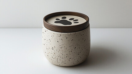 Cream ceramic pet urn with wooden lid, paw print design