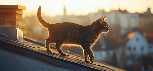 Cat on rooftop sunset