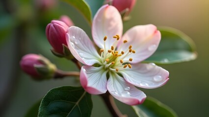 Obraz premium Delicate Apple Blossom with Dew Drops: A Close-Up of Springtime Beauty