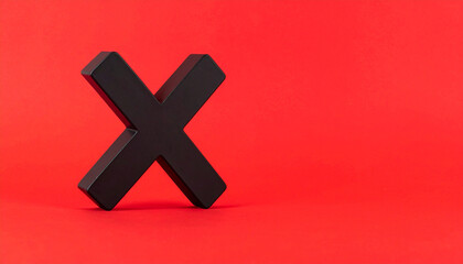 Obraz premium Black X cross mark icon isolated on red backdrop. Symbol of negative response, rejection or denial.