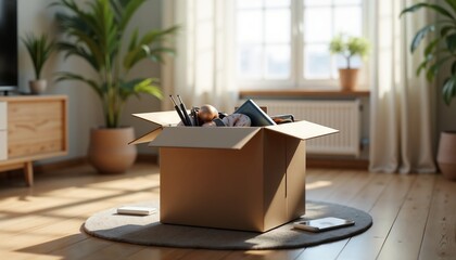 Open box with personal items in empty apartment interior