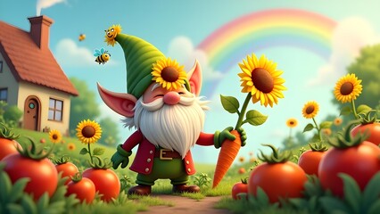 Cheerful Gnome with Sunflower & Carrot in a Tomato Garden Under a Rainbow