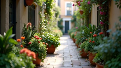 Obraz premium Charming Alleyway with Potted Plants and Flowers in a Picturesque Town with Brick Path