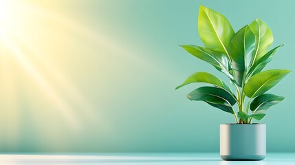A vibrant green houseplant in a muted grey pot, bathed in sunlight against a teal backdrop
