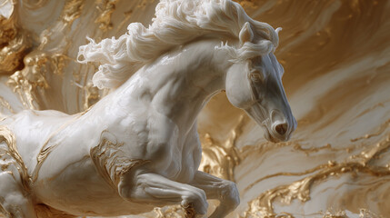 White horse sculpture, flowing mane, gold background, elegant design, artistic representation of power and grace