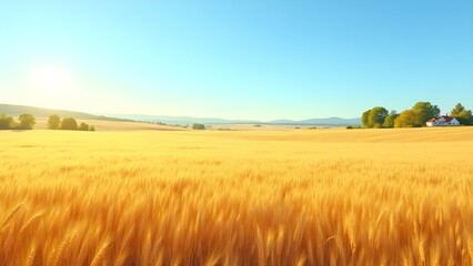 Obraz premium Golden Wheat Field Landscape on a Sunny Day with Blue Sky and Distant Hills.