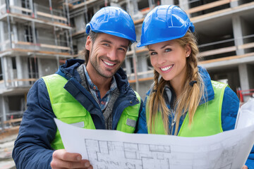 A male and female construction worker in their thirties wearing blue helmets, green safety vest and white shirt with black tie