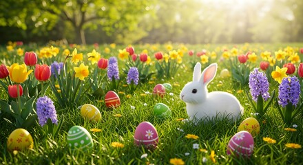 Fototapeta premium Easter Bunny in Meadow with Colorful Eggs and Flowers
