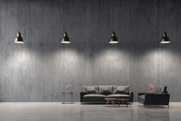 Modern Industrial Living Room Interior Design Concrete Wall, Leather Sofa, Pendant Lights