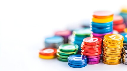 Colorful stacks of small, metallic discs with numbers, forming an uneven, ascending pattern against a white backdrop