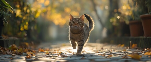 Cat walking along autumn cobblestone path