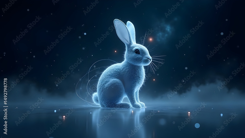 Fototapete illuminated bunny illustration in a dark abstract setting with glowing particles and reflections.
