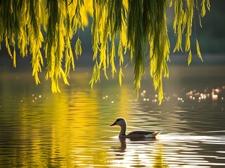 Serene Duck on Golden Lake Beneath Weeping Willow at Sunset