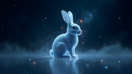 Illuminated bunny illustration in a dark abstract setting with glowing particles and reflections.
