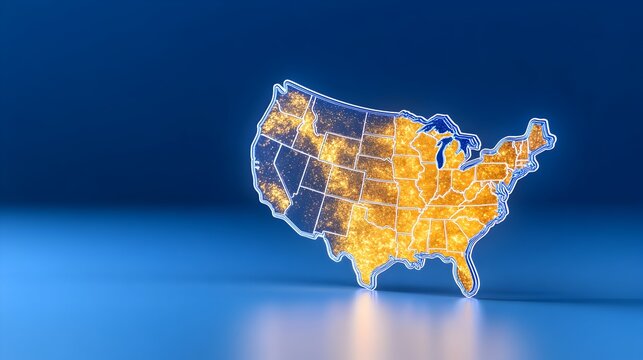 Glowing, 3D-rendered map of the USA, with a warm inner light contrasting against a cool blue background, showcasing state outlines and internal illumination