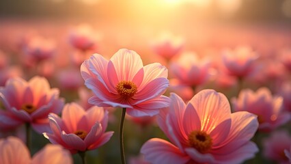 Fototapeta premium Blooming Pink Flowers in a Sunset Field: A Close-Up of Floral Beauty and Sunlight in a Natural Scene