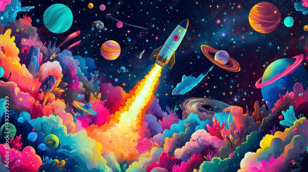 Poster a vibrant rocket launch amidst colorful nebulae and planets.