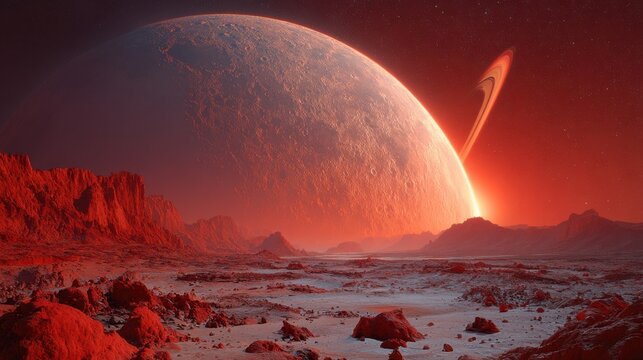 Red Planet Landscape with Ringed Planet Rising Over Mountains in Sci-Fi Space Exploration Scene - Powered by Adobe