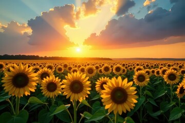 Fototapeta premium Sun setting casts long shadows across a vast sunflower field Intense colors dominate , picturesque, beautiful, yellow