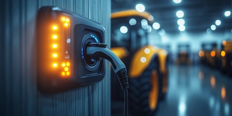 an electric tractor connected to a charging station in a barn, clean modern machinery in focus, blank right side for text