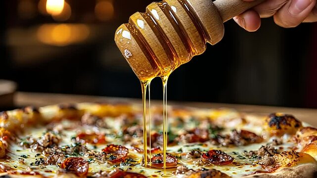 Hand drizzling honey over a gourmet pizza with toppings in a cozy setting