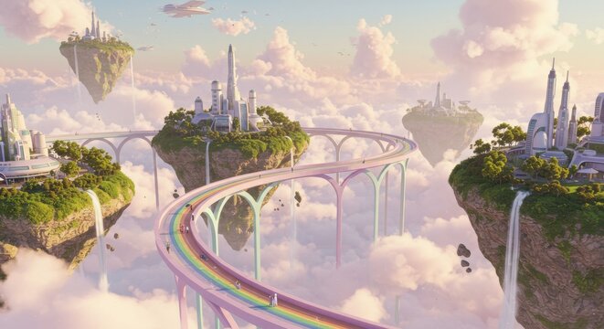 Futuristic Cloud Cityscapes with Rainbow Bridge Floating Islands and Lush Greenery