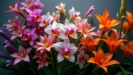 Fototapeta premium Floral Still Life with Colorful Lilies and Orchids in Full Bloom with soft lighting.