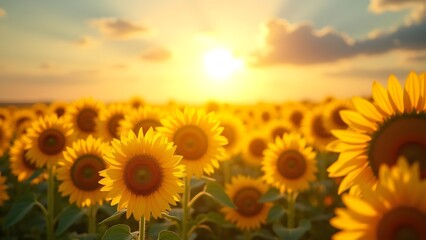 Obraz premium Golden Sunflower Field at Sunset: Vibrant Blooms in Countryside Landscape