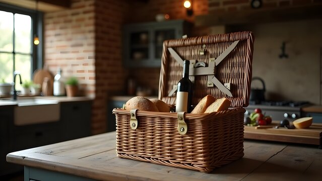Rustic Kitchen Still Life: Picnic Basket with Wine, Bread, and Charcuterie on Wooden Table