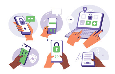 
Characters hands holding smartphone, laptop and typing two factor authentication code, pin to verify their id and security access