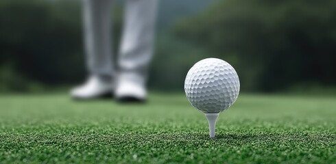 Golf Ball on Tee Ready to Be Struck on a Green Course with Blurred Figure in the Background Under Soft Natural Lighting