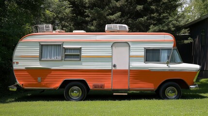 Vintage orange and white camper van parked on green grass.