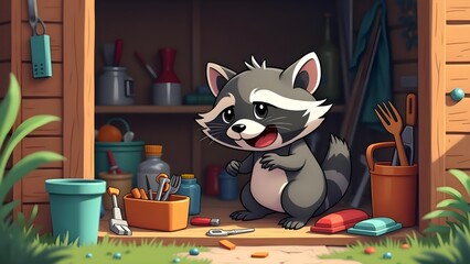 Cartoon Raccoon in Garden Shed with Tools and Supplies for Gardening and Outdoor Work