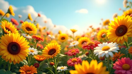Vibrant Field of Sunflowers and Daisies Under a Sunny Blue Sky