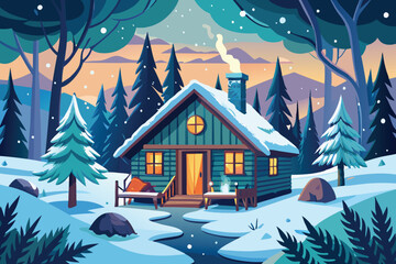 snowy winter landscape with wooden cabin vector illustration