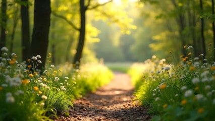 Scenic Forest Path with Wildflowers and Sunbeams