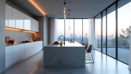 Contemporary Kitchen Interior with City View and Large Windows. Modern Kitchen Design and Architecture.