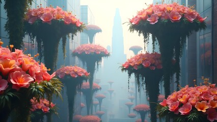 Dreamy Floral Cityscape: Futuristic Urban Scene with Blooming Flowers and Skyscrapers in the Mist