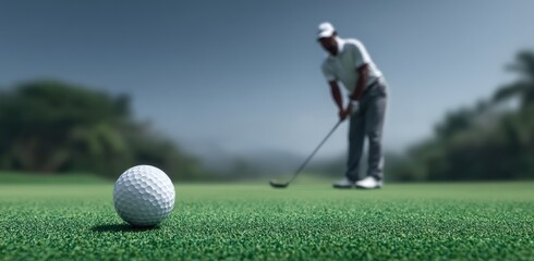 Golf Ball on Green Grass With Golfer in Background Under Light Blue Sky in Sunny Day