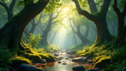 Sun-kissed Forest Stream: Nature's Serenity, Mossy Rocks, and Sun Rays Through Lush Trees