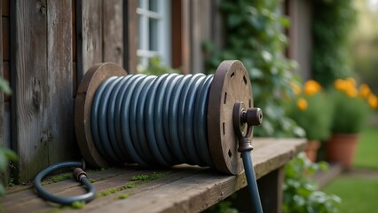 Garden Hose Reel on a Wooden Bench by a Rustic Building and Garden Plants and Flowers in the Background