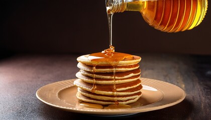 maple syrup being poured onto a stack of pancakes