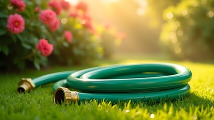 Green garden hose lying on grass near flower bush under sunlight. Summer gardening scene
