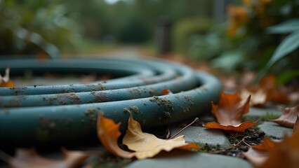 Mossy Garden Hose with Autumn Leaves on Stone Path: A Seasonal Nature Scene