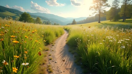 Sunlit Path Through Meadow with Wildflowers and Distant Mountains, Butterflies Fluttering, Perfect Scenery